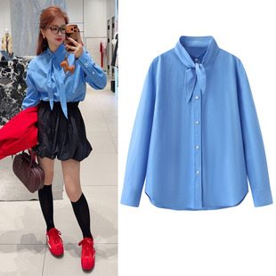 关晓彤同款蓝色衬衫2026春季新款兔耳朵领巾宽松长袖棉质衬衣女