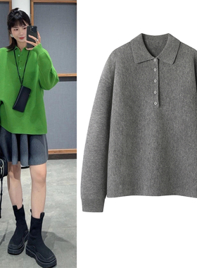 polo领针织衫2025秋季新品复古慵懒风宽松落肩袖休闲套头毛衣女