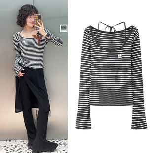 条纹T恤2026春季新款甜酷女团风U型领系带喇叭袖修身显瘦上衣女