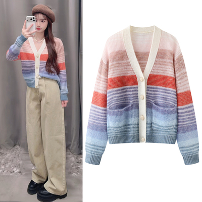 彩虹条纹马海毛针织开衫毛衣女