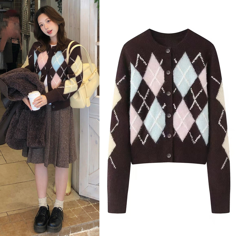 针织开衫学院风撞色菱格短毛衣女