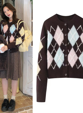 针织开衫2025冬季新品复古学院风撞色菱格提花圆领显瘦短款毛衣女