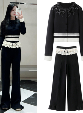 小香风针织套装2026春季新款撞色蝴蝶结织带毛衣开衫蕾丝喇叭裤女