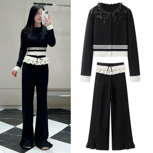 小香风针织套装2026春季新款撞色蝴蝶结织带毛衣开衫蕾丝喇叭裤女