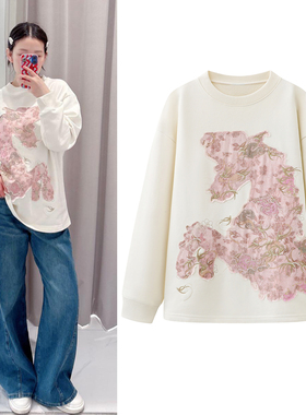 马年圆领卫衣2026春季新款复古重工贴布刺绣宽松显瘦休闲上衣女