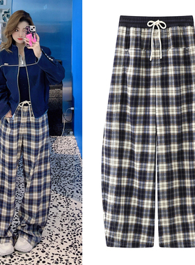 baby同款弯刀格子裤2025冬季新品松紧系带加绒直筒裤休闲阔腿裤女