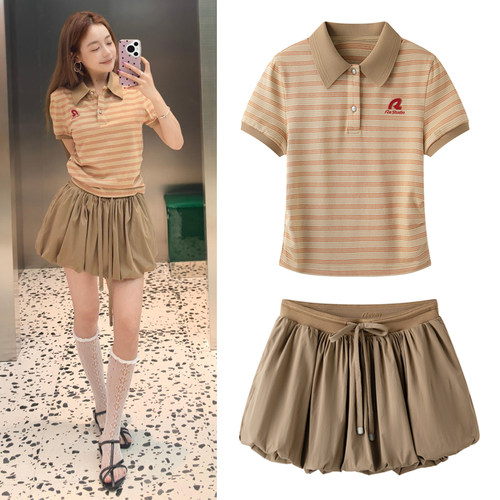 两件套polo衫T恤蓬蓬花苞短裙女