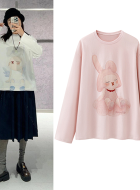 长袖T恤2026年春季新款趣味萌宠小兔子印花宽松圆领打底衫上衣女
