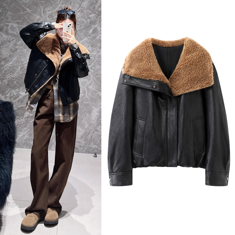 羽绒服2025冬季新款机车工装风PU素皮保暖大毛领黑色皮衣外套女,女装/女士精品,短外套,淘宝优惠券,粉丝福利购,淘宝优惠卷