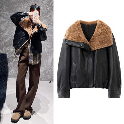 羽绒服PU素皮黑色皮衣外套女