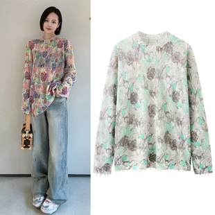 马海毛针织衫2026春季新款复古慵懒风混纺水彩花卉打底衫毛衣女