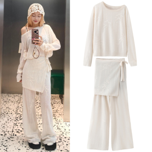 毛衣女系带屁帘直筒裤 慵懒风斜领露肩镂空罩衫 2026春新款 针织套装