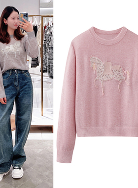 马海毛针织衫2026春季新款马年图案贴布刺绣圆领套头薄款毛衣女