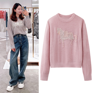 马海毛针织衫2026春季新款马年图案贴布刺绣圆领套头薄款毛衣女