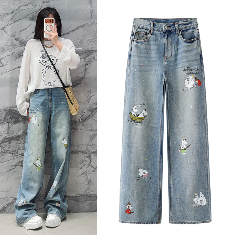 直筒牛仔裤2026夏季新款童趣卡通烫钻印花高腰宽松阔腿裤女长裤