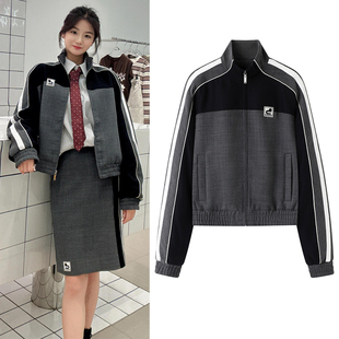 刘浩存同款外套2025年秋季新品休闲运动风撞色立领短款夹克上衣女