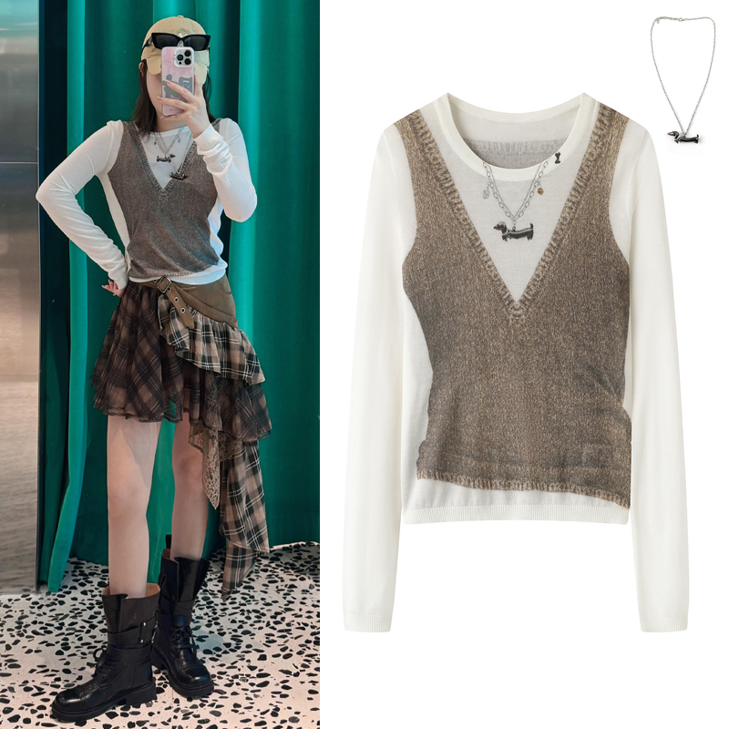假两件针织衫打底衫T恤上衣女