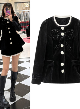 丝绒外套2025冬季新品复古宫廷风蝴蝶结钉珠显瘦收腰棉服上衣女