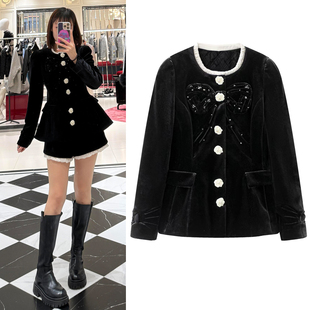 丝绒外套2025冬季新品复古宫廷风蝴蝶结钉珠显瘦收腰棉服上衣女