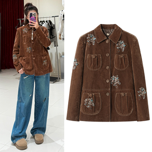 2025秋季新品法式小香风重工花束钉珠显瘦复古丝绒长款外套上衣女