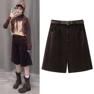 复古美拉德配腰带灯芯绒阔腿五分裤 2025冬新品 女 休闲裤 刘浩存同款