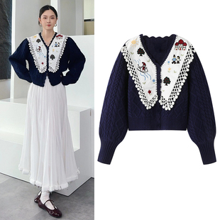 针织开衫2025秋季新品减龄童趣重工刺绣V领泡泡袖短款毛衣外套女