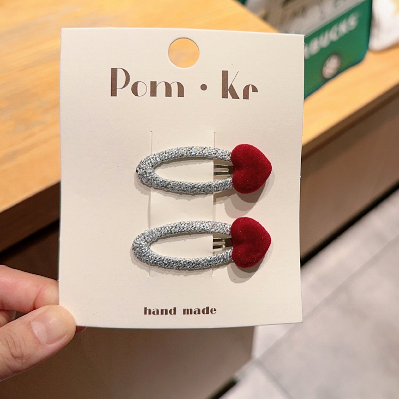 儿童爱心发饰宝宝可爱银色发夹丝绒桃心刘海碎发夹小女孩bb夹发卡