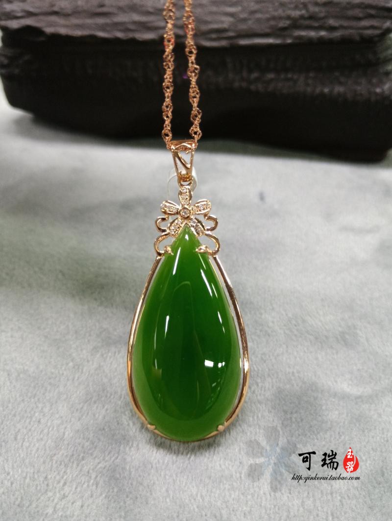 新疆和田玉 18k玫瑰金碧玉水滴吊坠锁骨坠 冰底菠菜绿送彩银项链在类目 珠宝/钻石/翡翠/黄金, 其他天然玉石, 俄罗斯玉（新）, 颈饰中 - 来自Buy2taobao.com提供专业的淘宝代购服务