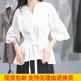 上衣S233Z0402 七分袖 雨墨圣迪奥立夏2024新V领不规则气质短袖 衬衫