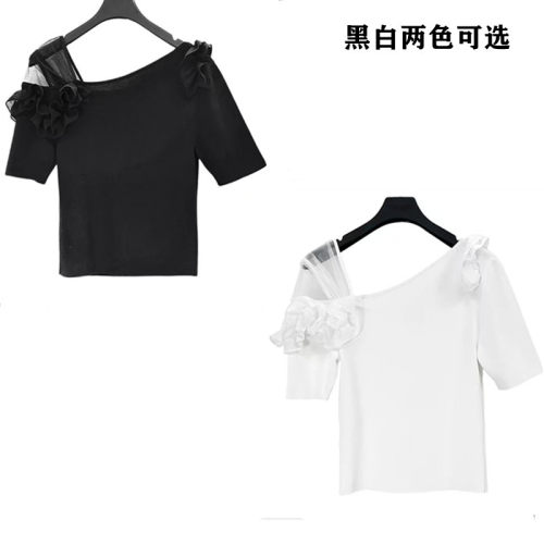 新款拼接修身正肩针织t恤