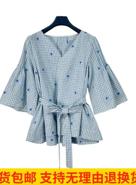 雨墨圣迪奥立夏喇叭袖V领衬衫高支小衫荷叶边方领可爱风S252Z0422