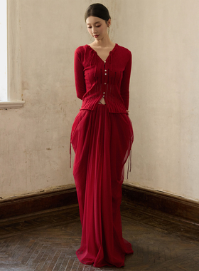 ONMOON 秋款红色浪漫花瓶网纱半身裙 2025新款圣诞订婚敬酒裙子女