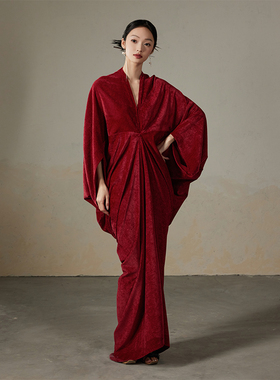 ONMOON雪尼尔新中式国风优雅V领连衣裙 套头晨袍女神礼服订婚新娘