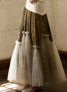 ONMOON 秋冬丝绒植物染网纱拼接半身裙 2025新款浪漫百搭蓬蓬纱裙