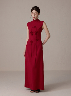 ONMOON 原创新中式红色花朵旗袍连衣裙 2025新款国风盘扣敬酒礼服