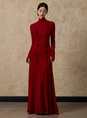 ONMOON 冬季红色花朵高领针织连衣裙 圣诞新年订婚敬酒内搭裙子女