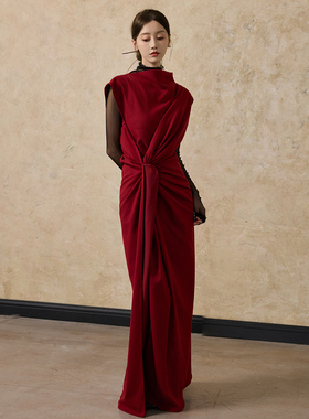 ONMOON 红色不规则扭结连衣裙圣诞礼服 黑色百分百桑蚕丝皮肤衣