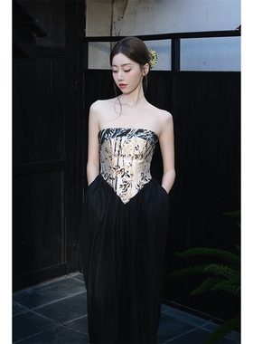 ONMOON 新中式国风竹纹提花抹胸连衣裙 2025春夏撞色拼接花瓶裙女