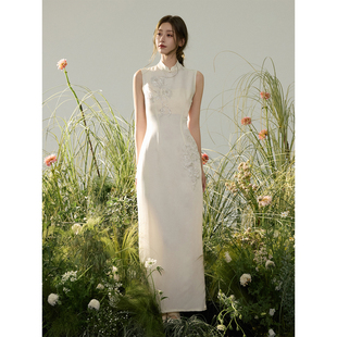 新中式 夏季 米白清冷无袖 2026新款 国风珠绣长裙 旗袍连衣裙 ONMOON