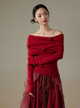 ONMOON 红色花朵浪漫仙女甜美针织T恤一字肩上衣 新年礼服敬酒服