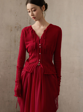 ONMOON 秋季红色镂空长袖毛衣针织衫女 2025新款慵懒修身打底开衫