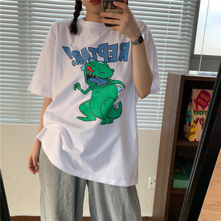 短袖T恤2021新款春季韩版设计感嘻哈怪味少女宽松中长款上衣女ins