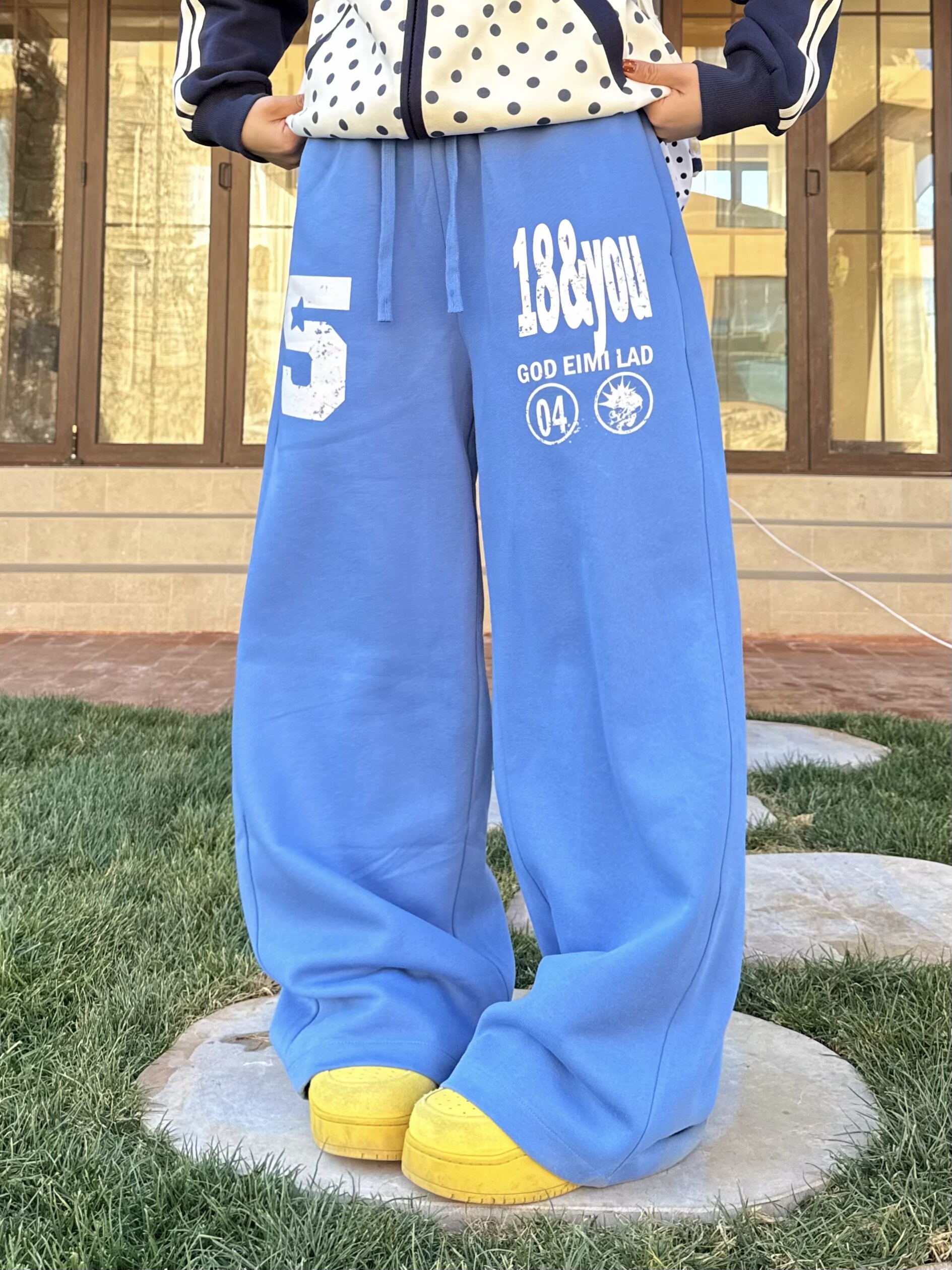 期望Studio美式休闲印花蓝色直筒阔腿长裤男女春秋慵懒休闲卫裤,女装/女士精品,休闲裤,淘宝优惠券,粉丝福利购,淘宝优惠卷