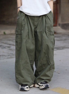 期望Studio日系复古抽绳束脚阔腿工装裤男女阿美咔叽宽松长裤ins