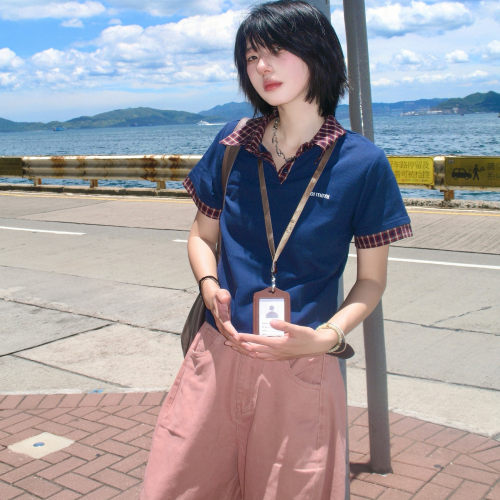 复古撞色格纹拼接假两件