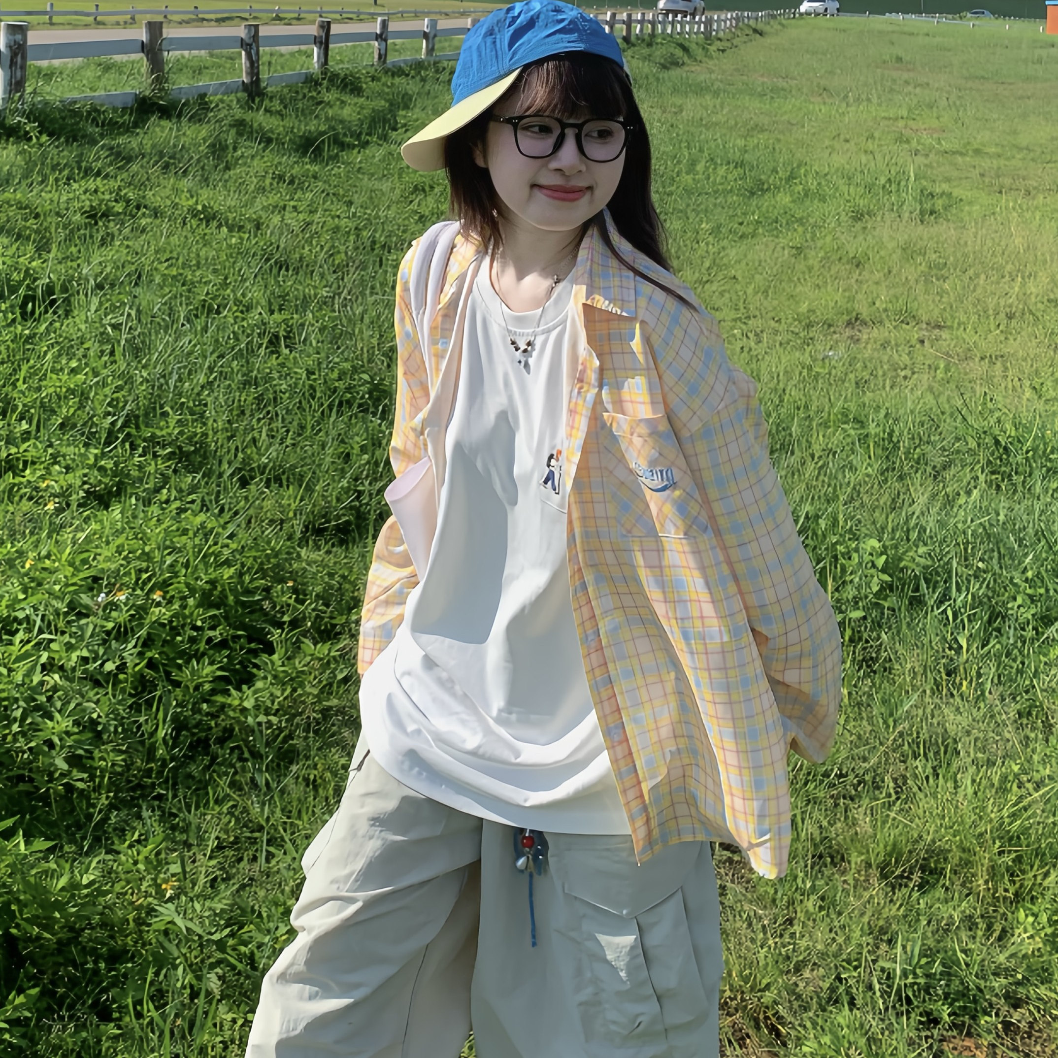 期望Studio美式撞色格纹长袖衬衫男女宽松休闲百搭防晒衬衣外套