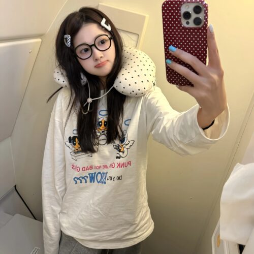 美式飞天小女警印花长袖T恤