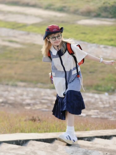 格纹棉麻格子甜美拼接连衣裙