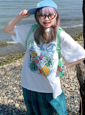 期望Studio“一筐水果”创意发泡趣味印花休闲夏日宽松情侣短袖