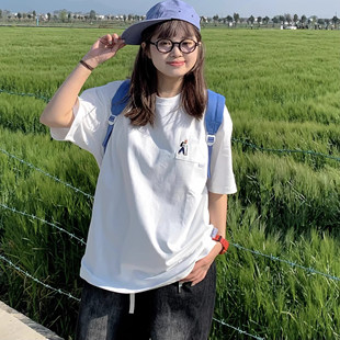 期望Studio日系宽松休闲基础纯色绣花口袋短袖T恤圆领上衣男女